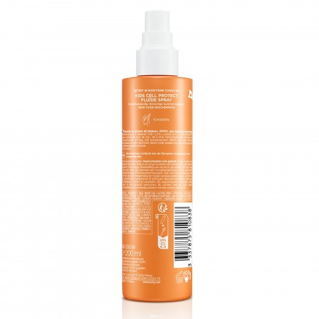 Detalle de la etiqueta posterior con los ingredientes e información del spray solar para niños