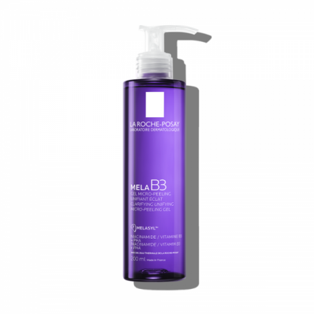 Envase de 200 ml con dosificador de La Roche-Posay Mela B3 gel limpiador antimanchas