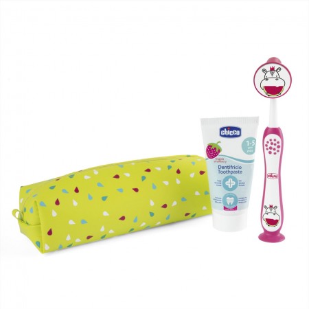 CHICCO SET DENTAL PRIMEROS DIENTES 3-6 AÑOS CEPILLO HIPOPOTAMO + PASTA FRESA 50ML