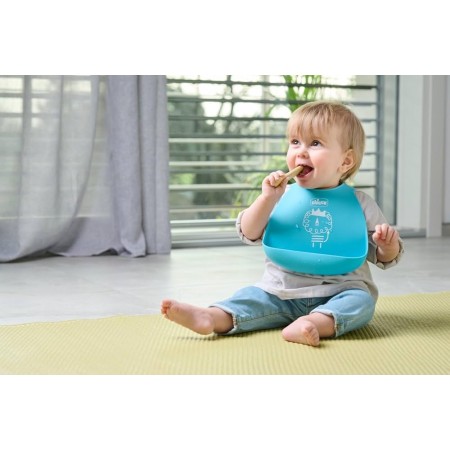 CHICCO EASY START PACK ACCESORIOS SILICONA AZUL: PLATO, BABERO Y CUCHARA