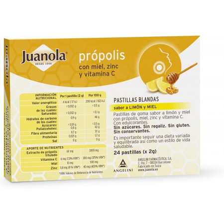 PASTILLAS BLANDAS JUANOLA PROPOLIS VIT C ZINC SABOR LIMON MIEL 24 PASTILLAS DE GOMA