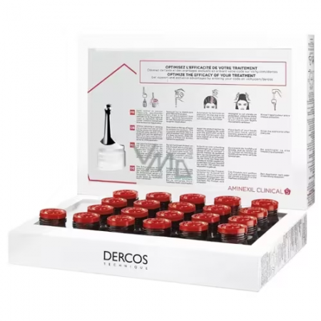 Estuche desplegado con 21 ampollas y guía de aplicación del tratamiento anticaída para mujer Vichy Dercos Aminexil Clinical 5