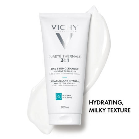 Textura en leche hidratante y ligera del desmaquillante integral de ojos y rostro Vichy
