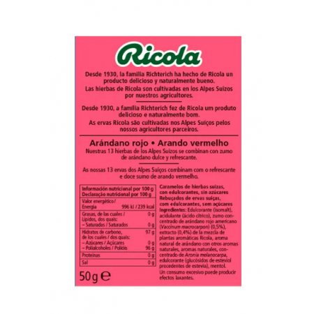 RICOLA CARAMELOS SIN AZUCAR SABOR ARANDANO ROJO 50 G