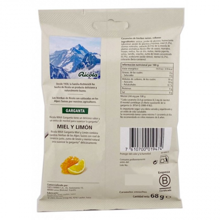 RICOLA GARGANTA CARAMELOS EXTRA MENTOL SABOR MIEL Y LIMON 68G