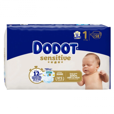 DODOT SENSITIVE PAÑAL INFANTIL TALLA 1 2-5 KG 58 UNIDADES