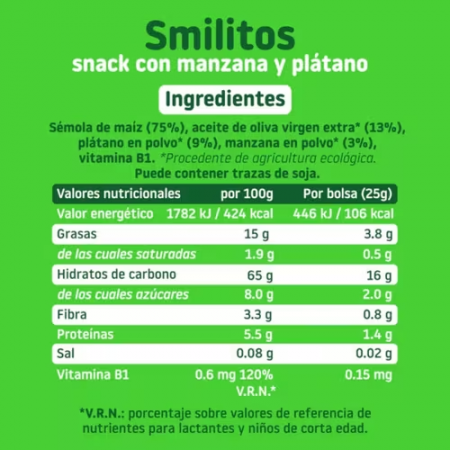 SMILITOS SNACK ECO SMILEAT CON MANZANA Y PLATANO BOLSA 25 G