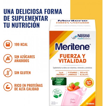 MERITENE FUERZA Y VITALIDAD BATIDOS SABOR FRESA 15 SOBRES 450G