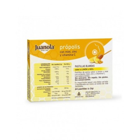 JUANOLA PROPOLIS VIT C ZINC SABOR LIMON Y MIEL 24 PASTILLAS DE GOMA