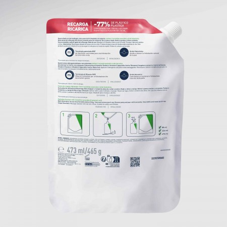 Detalle de la etiqueta trasera e instrucciones de uso de la recarga CeraVe 473 ml