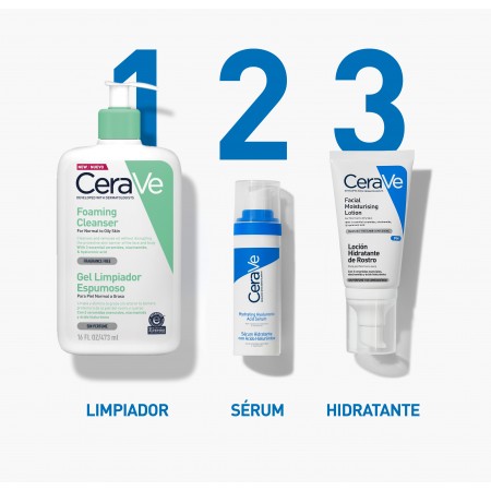 Rutina de cuidado facial CeraVe para limpiar, tratar con sérum e hidratar el rostro