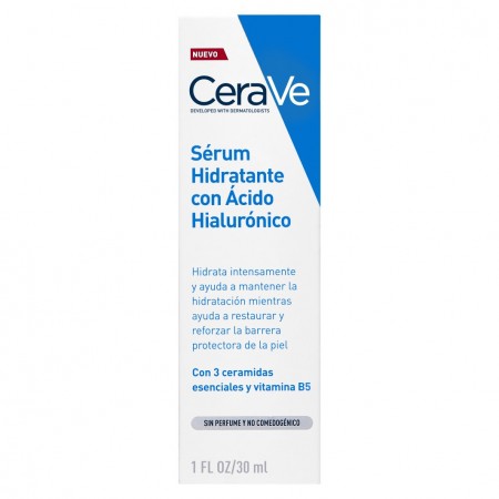 Presentación en caja del sérum facial CeraVe con tres ceramidas esenciales y vitamina B5