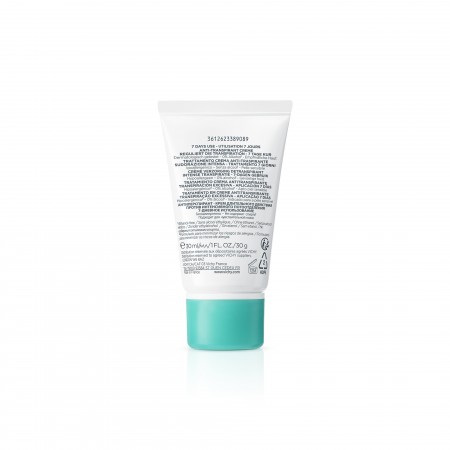 Detalle de la etiqueta trasera con las instrucciones de uso del desodorante en crema de Vichy