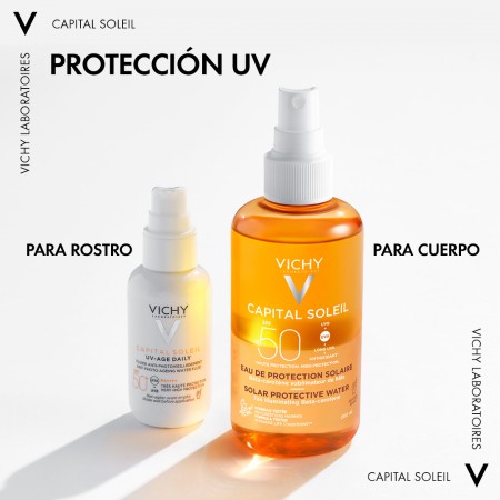 Rutina de protección UV completa de Vichy con fluido para rostro y agua solar para cuerpo