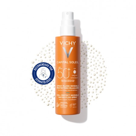 Vichy Capital Soleil Cell Protect Water Fluid Spray SPF 50+ recomendado por dermatólogos