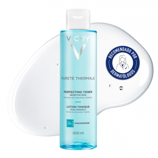 Tónico facial Vichy Pureté Thermale recomendado por dermatólogos para perfeccionar la limpieza