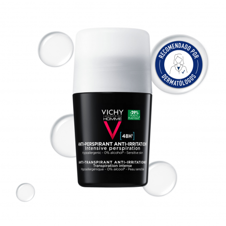 Desodorante Vichy Homme antitranspirante recomendado por dermatólogos para axilas sensibles