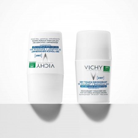 Diseño del envase del desodorante roll-on 24h libre de residuos blancos de Vichy