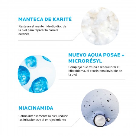 Componentes activos de Lipikar Baume AP+M que nutren, calman las rojeces y equilibran la piel