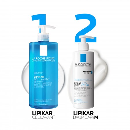 Rutina diaria de higiene e hidratación en 2 pasos con Lipikar Gel Lavant y Lipikar Baume AP+M