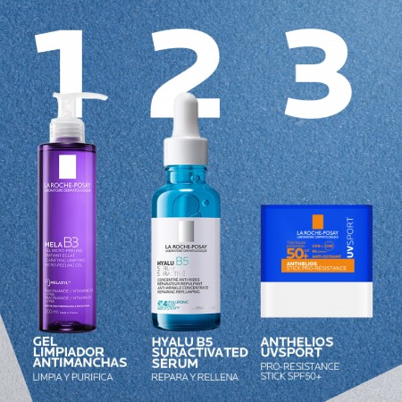 Rutina facial deportiva completa con gel limpiador, sérum hialurónico concentrado y Anthelios UVSport Stick