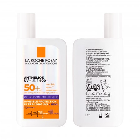 Vista frontal y posterior del envase de 50 ml de La Roche-Posay Anthelios UVMune 400 Fluido Antimanchas