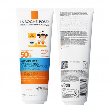 Vista frontal y posterior del tubo de 250 ml de La Roche-Posay Anthelios Dermo-Pediatrics Leche SPF50+