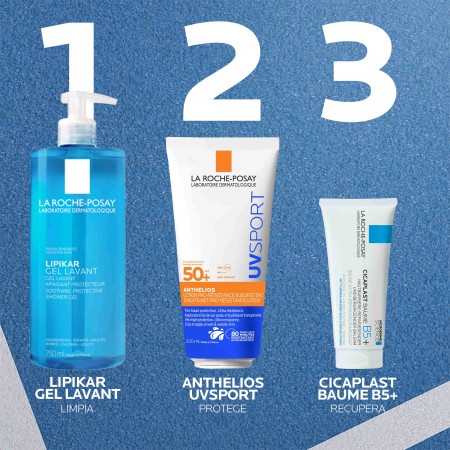 Rutina de higiene, fotoprotección deportiva y reparación cutánea con Lipikar, Anthelios UVSport y Cicaplast