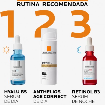 Rutina antiedad completa con Hyalu B5 Sérum, protector solar Anthelios Age Correct y Retinol B3 Sérum