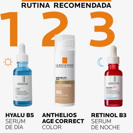 Rutina antiedad con color en 3 pasos con Hyalu B5 Sérum, Anthelios Age Correct Color y Retinol B3 Sérum