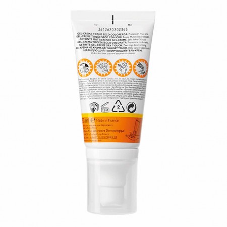 Vista posterior del tubo de 50 ml de La Roche-Posay Anthelios XL Gel-Crema Toque Seco Con Color