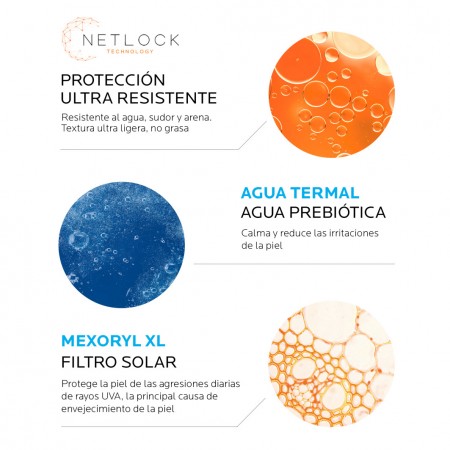 Fórmula con tecnología Netlock, Agua Termal Prebiótica y Mexoryl XL de La Roche-Posay Anthelios Spray
