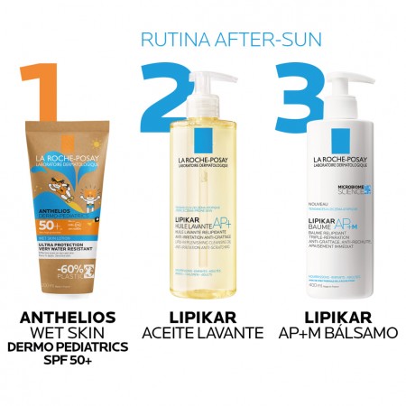 Rutina de fotoprotección infantil, higiene y reparación cutánea con Anthelios Wet Skin y Lipikar