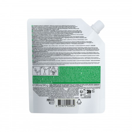 Vista posterior con instrucciones de la eco-recarga de 390 ml de Vichy Dercos Champú Anticaspa DS