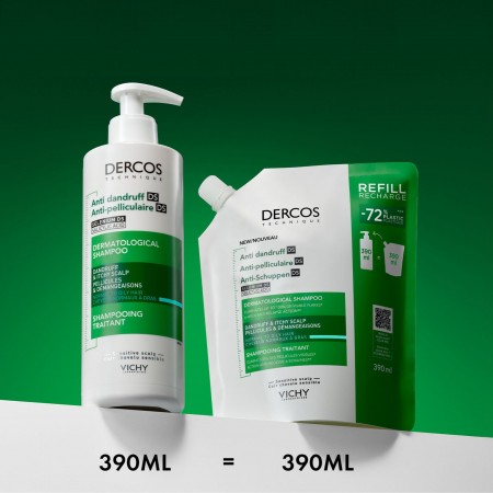 Comparativa de volumen equivalente entre la botella con dosificador y la eco-recarga de 390 ml Vichy Dercos
