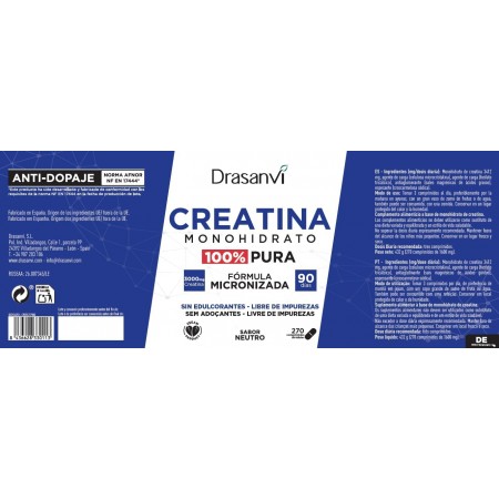 DRASANVI CREATINA MONOHYDRATO 80 MESH SABOR NEUTRO 270 COMPRIMIDOS