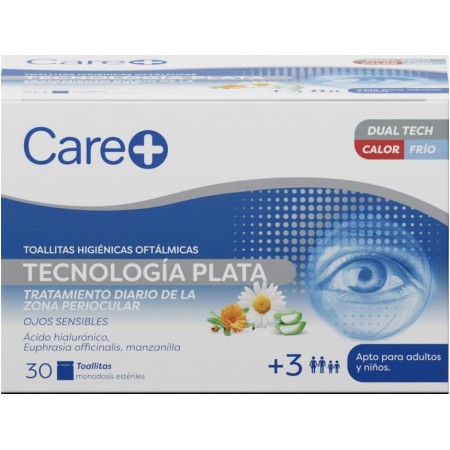 CARE+ TOALLITAS HIGIENICAS OFTALMICAS TECNOLOGIA PLATA 30 MONODOSIS ESTERILES