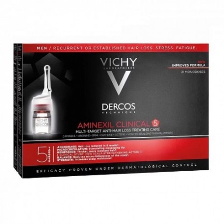 Vista de catálogo del tratamiento anticaída para hombre Vichy Dercos Aminexil Clinical 5 en caja de 21 monodosis